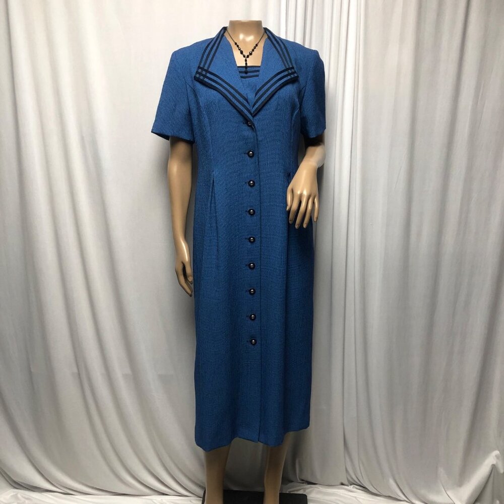Miss Dorby Dress Womens Size 6 Petite Button Front Blue Midi Vintage Modest